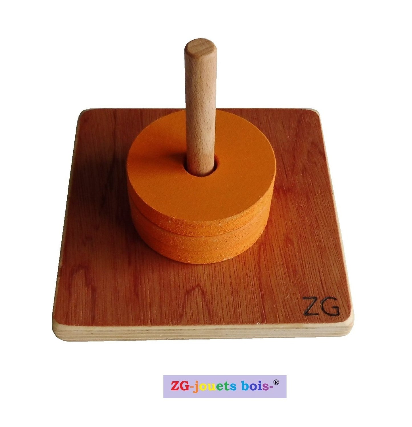 jeu premier âge, nido montessori, encastrement palets même diamètre sur tige verticale, orange, réalisation artisanale française par ZG-jouetsbois-