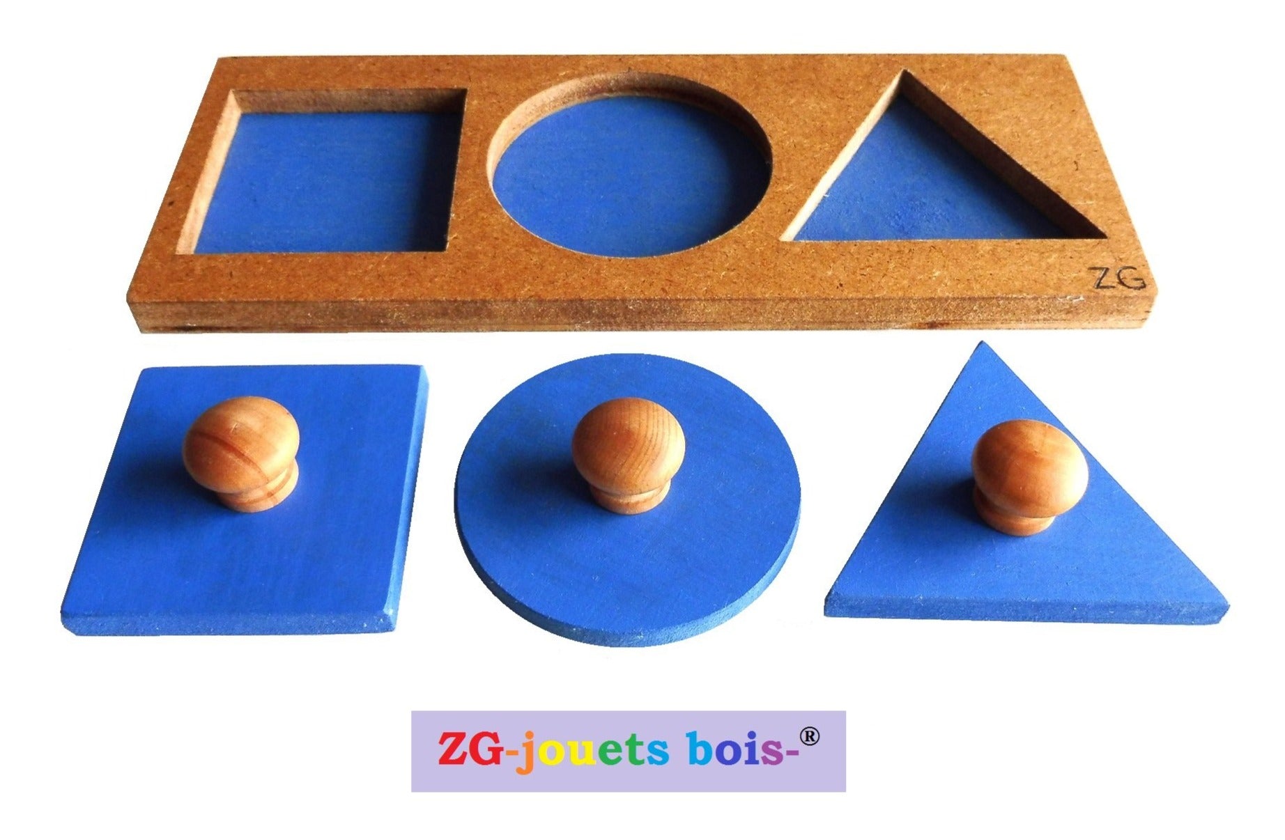 puzzle encastrement trois formes, couleur bleu, pédagogie montessori, premier âge, nido, fabrication artisanale française ZG-jouetsbois-