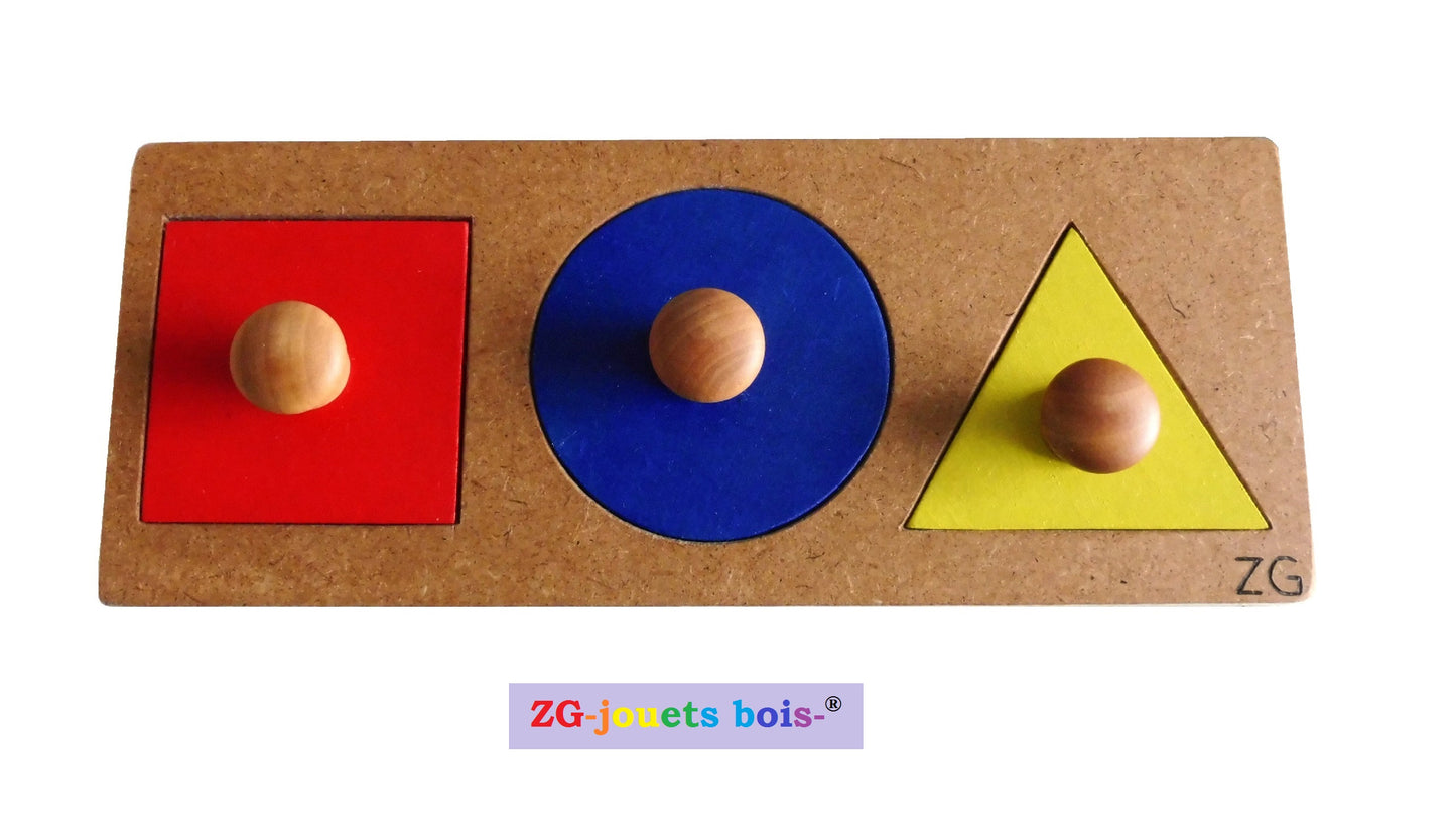 puzzle encastrement trois formes, rouge bleu jaune, pédagogie montessori, premier âge, nido, fabrication artisanale française ZG-jouetsbois-