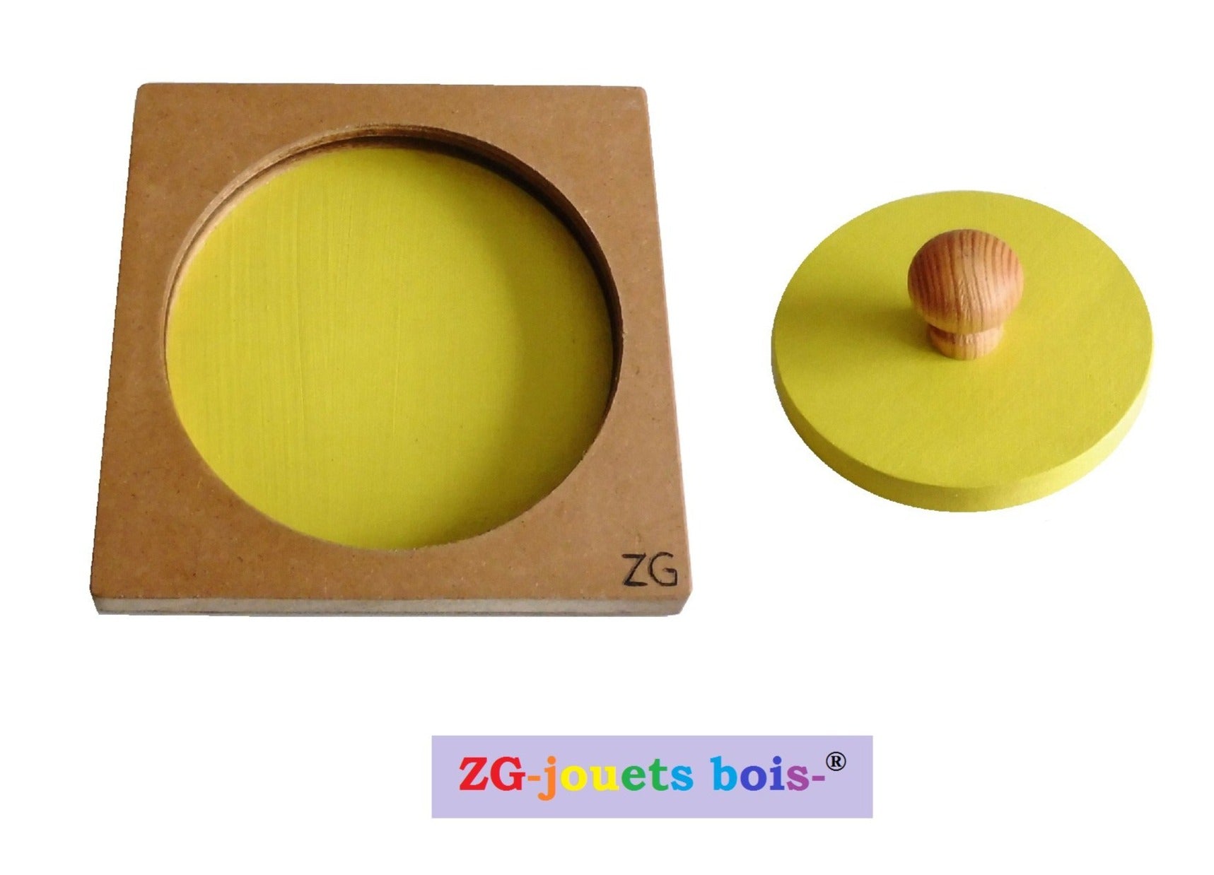 puzzle nido montessori, encastrement premier âge, gros rond ou cercle, jaune, fabrication artisanale française ZG-jouetsbois-