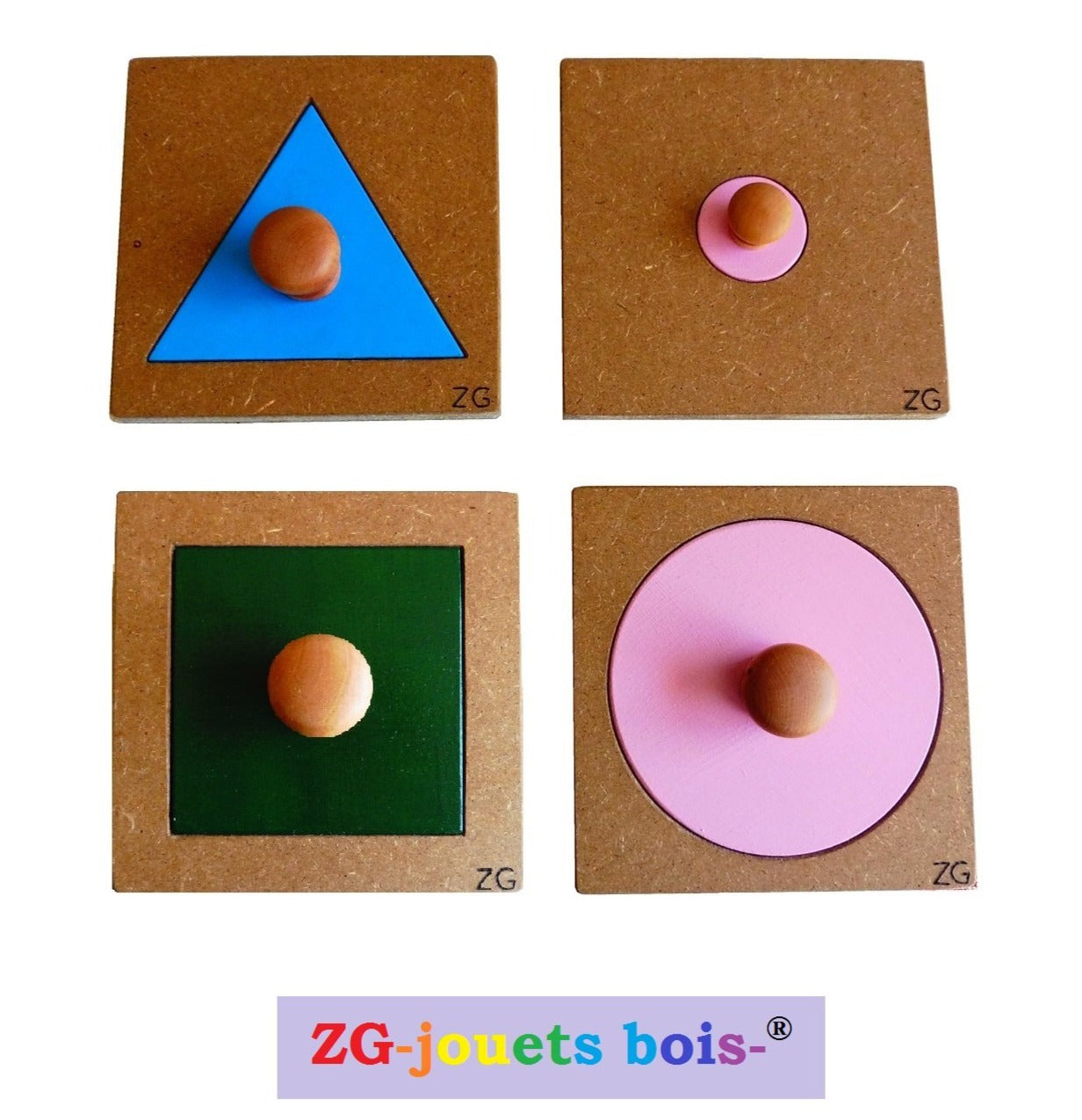 lot 4 puzzles a forme unique, pédagogie montessori, encastrement premier âge nido, carré vert, triangle bleu, gros et petit cercles roses, fabrication artisanale française ZG-jouetsbois-