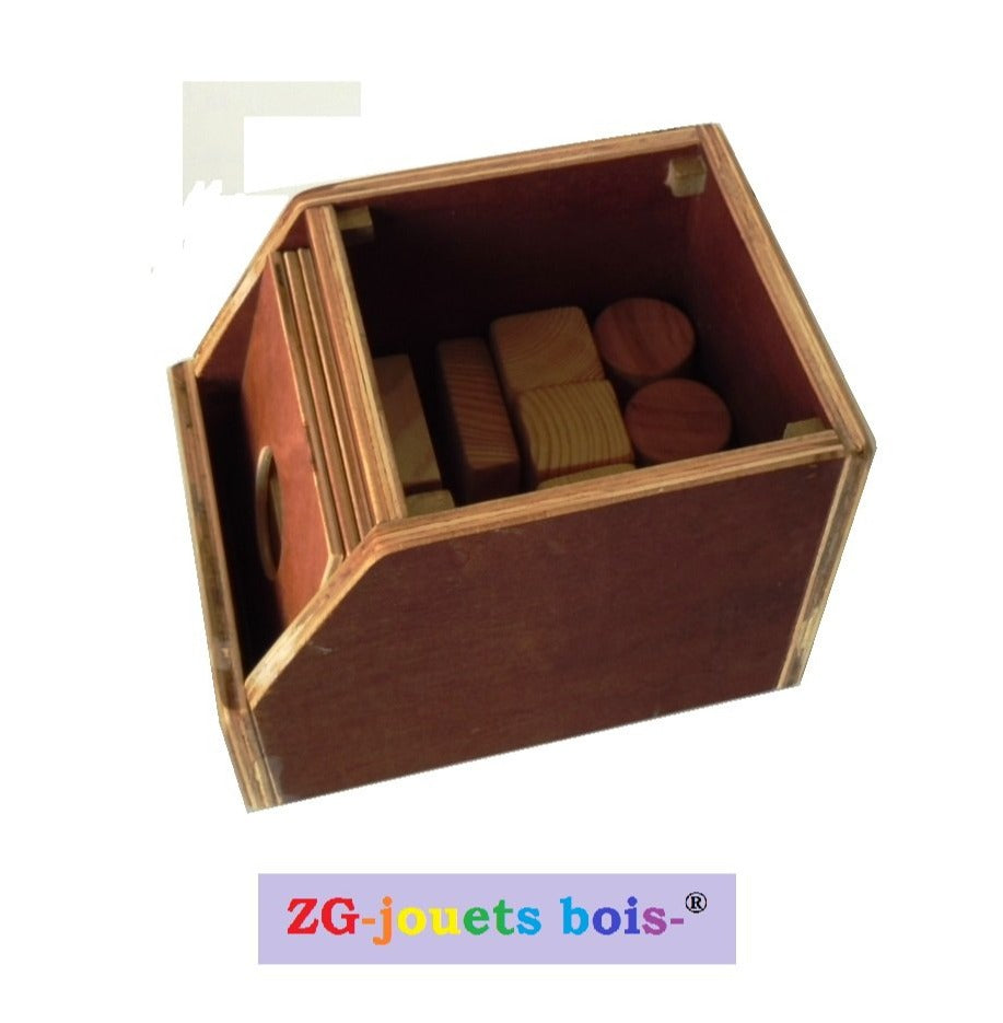 Boite à formes en bois progression montessori, 3 formes géométriques et plaques interchangeables, produit artisanal ZG-jouetsbois-