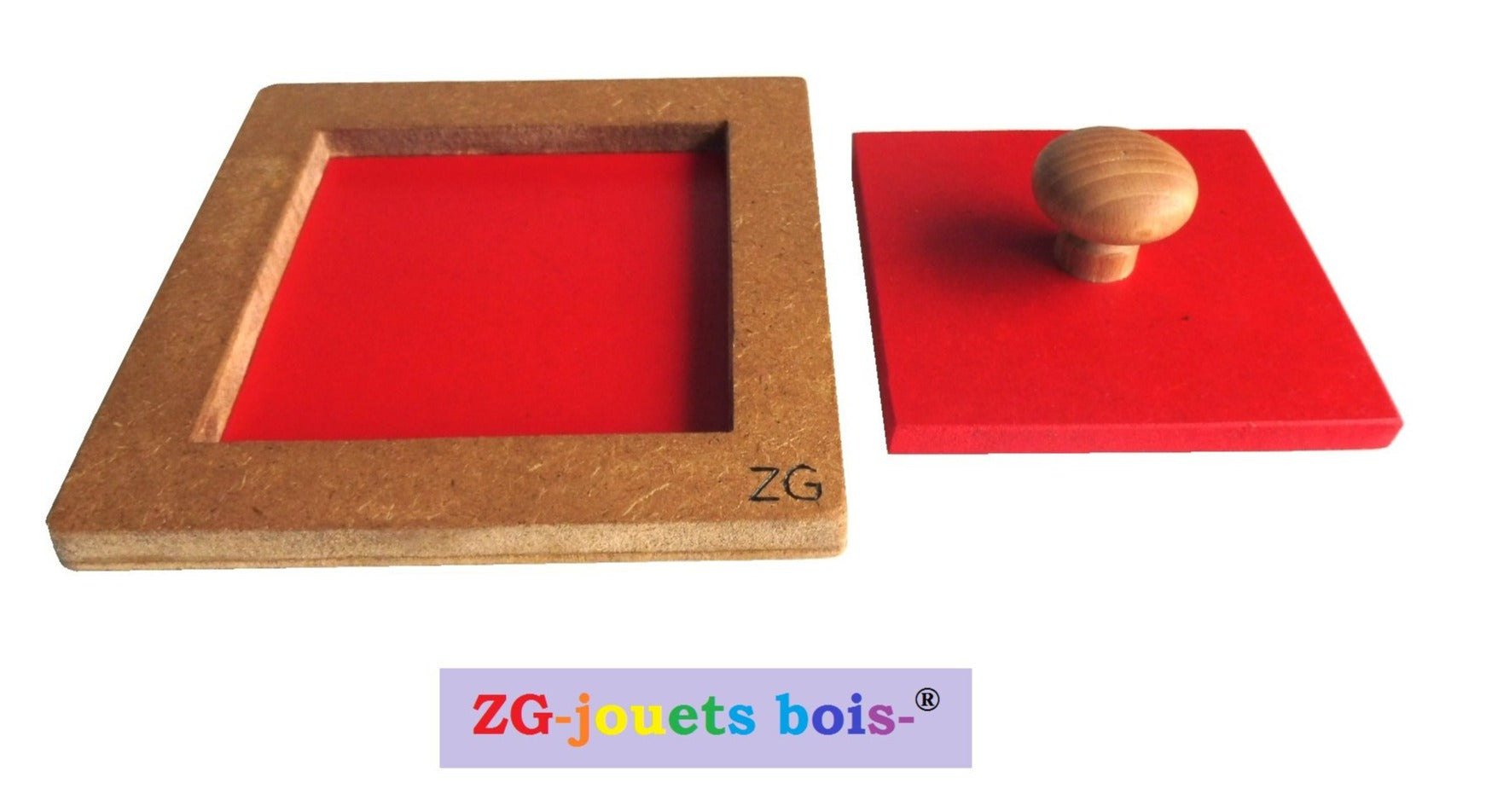 puzzle a forme unique, gros carré rouge, encastrement premier âge nido montessori, fabrication artisanale française ZG-jouetsbois-