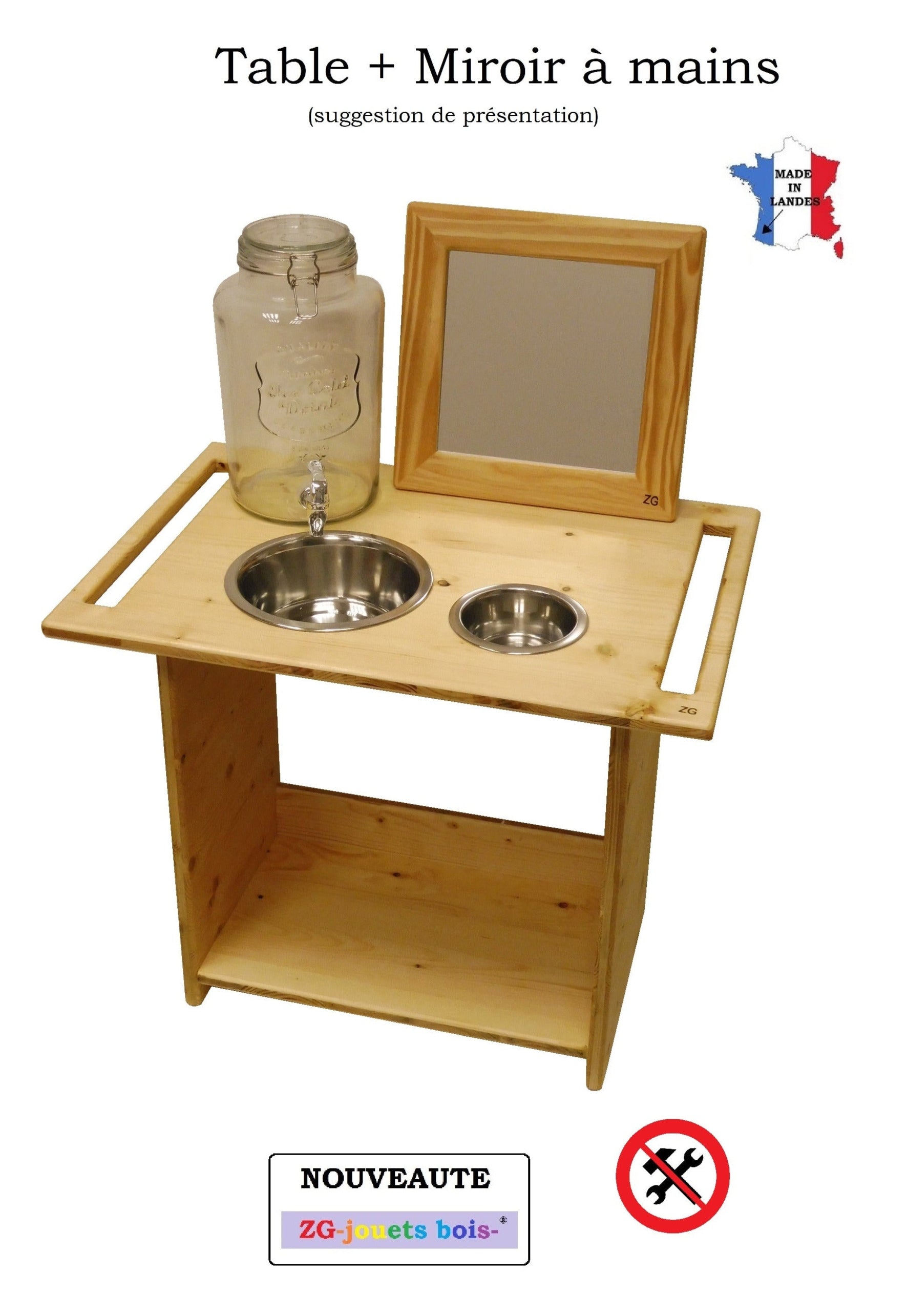 Lot table de lavage de mains et miroir incassable à mains montessori réalisation artisanale française ZG-jouetsbois-