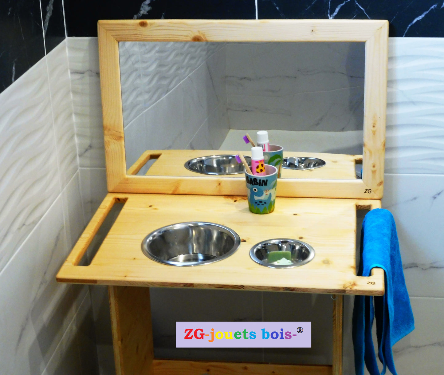 Juego de mesa de lavado Montessori + espejo para colocar o colgar