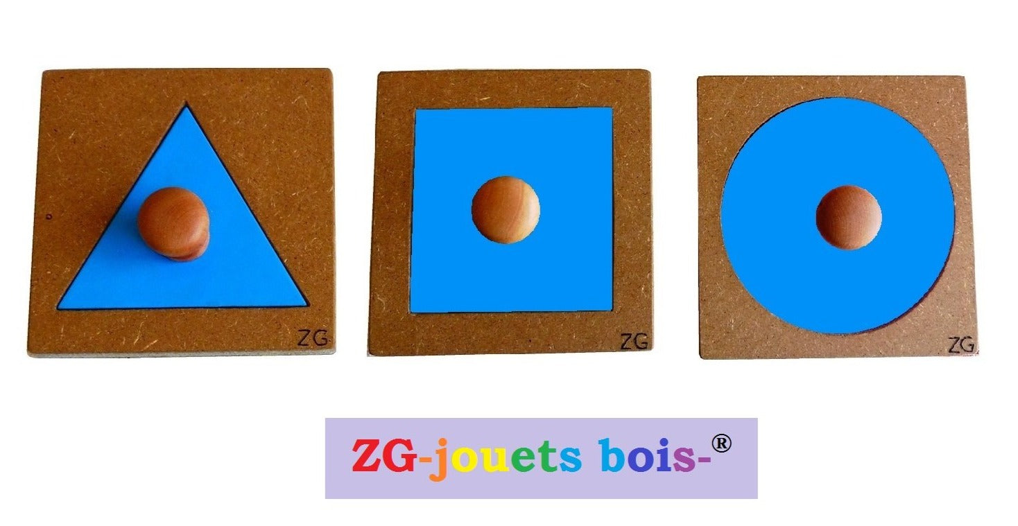 lot 3 puzzles a forme unique, pédagogie montessori, premier encastrement nido, carré triangle et gros cercle bleu, fabrication artisanale française ZG-jouetsbois-