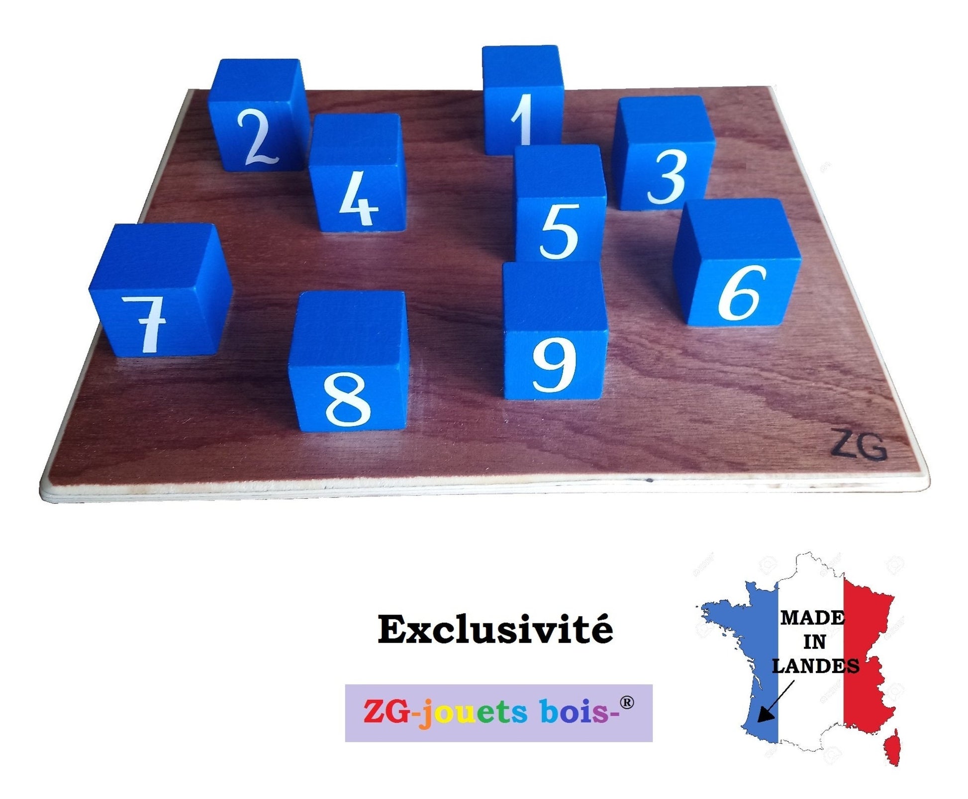blocs de corsi planche bois marron 9 cubes bleus numérotés fabrication artisanale française ZG-jouetsbois-