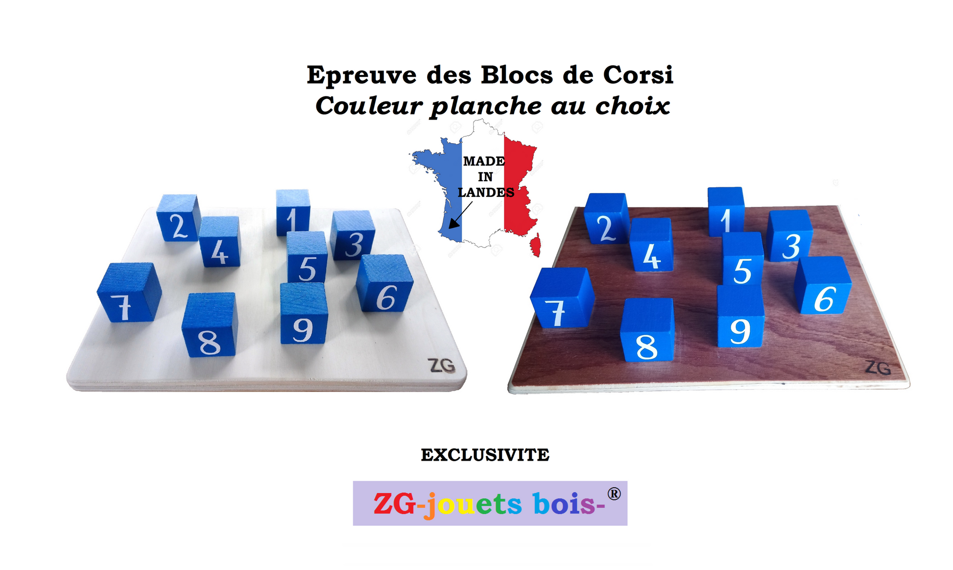 blocs de corsi planche blanche ou marron au choix 9 cubes bleus numérotés en blanc fabrication artisanale française marque déposée ZG-jouetsbois-
