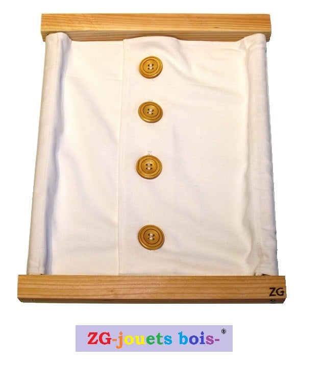 cadre habillage montessori gros boutons bois et tissu 100% coton blanc ZG