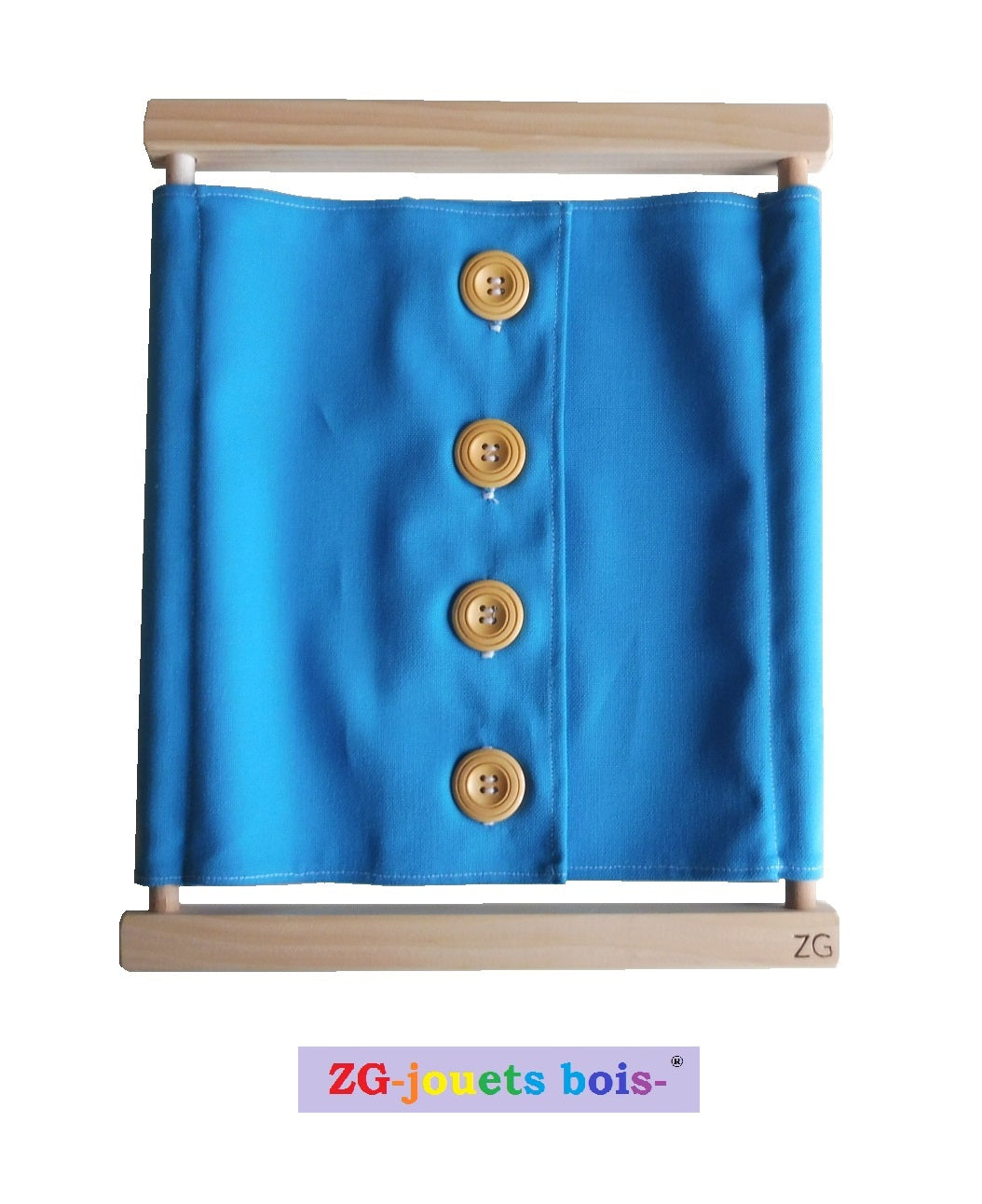 cadre habillage montessori gros boutons bois et tissu 100% coton bleu ZG