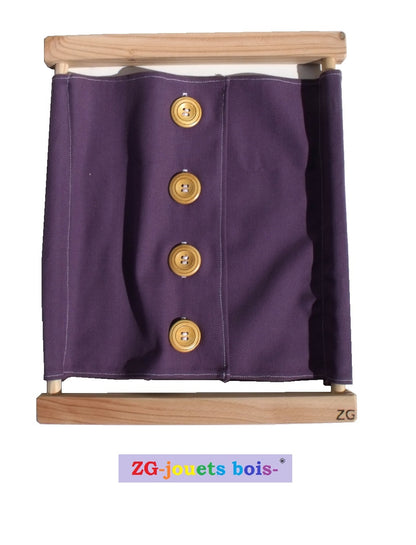 cadre habillage montessori gros boutons bois et tissu 100% coton violet ZG