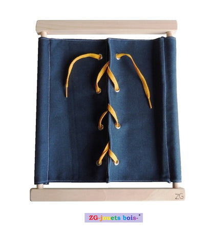cadre habillage montessori oeillets et lacets jaune tissu 100% coton bleu ZG