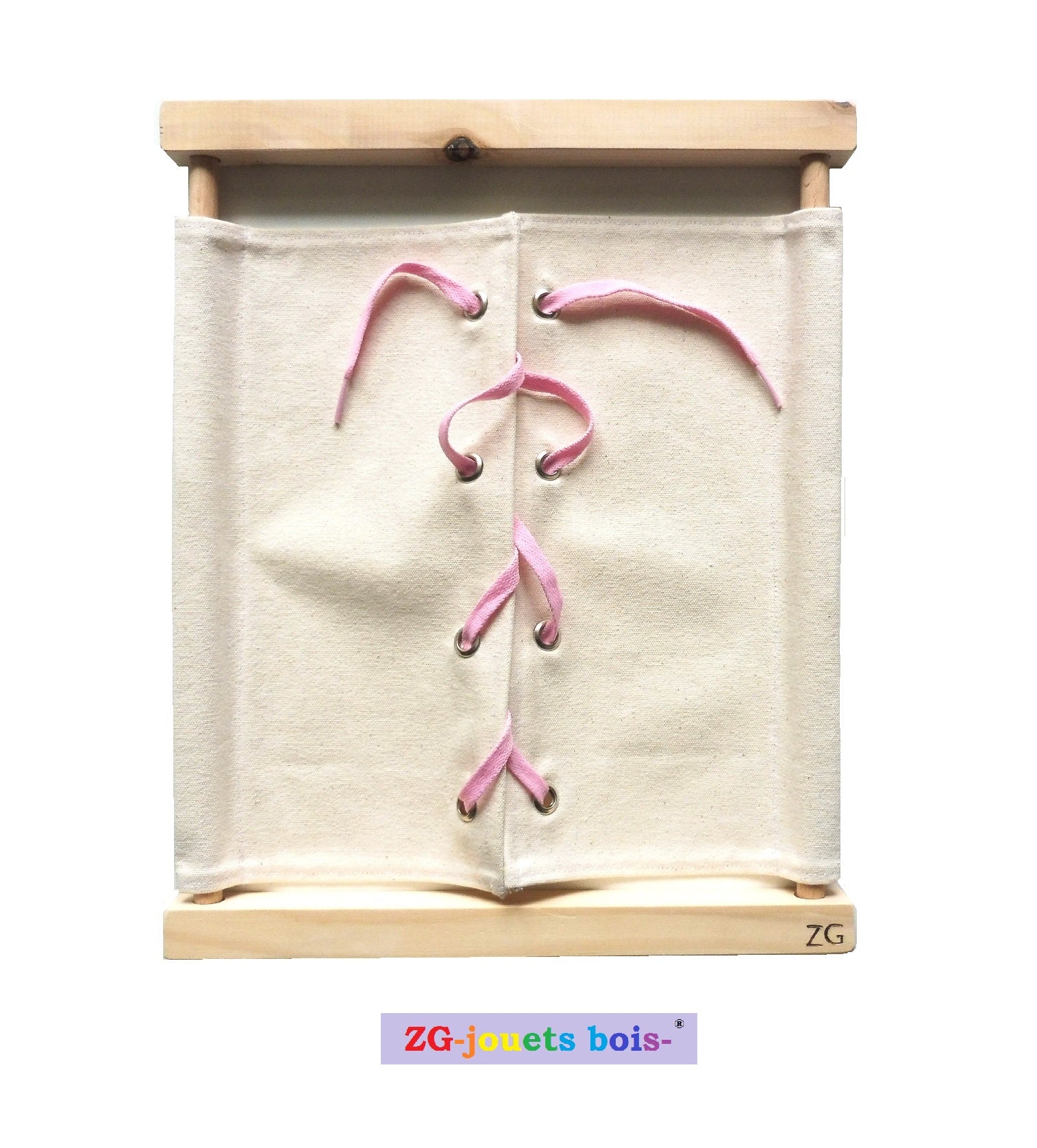 cadre habillage montessori oeillets et lacets rose tissu 100% coton blanc ZG