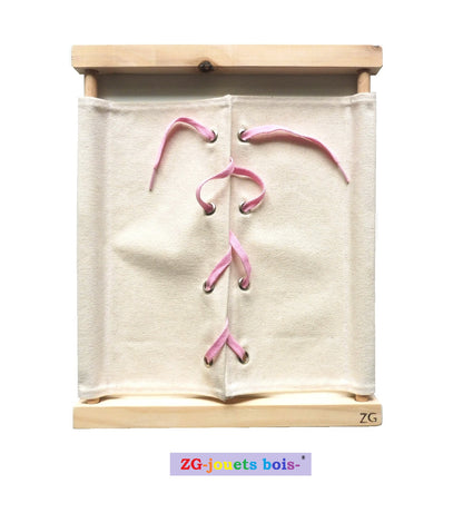 cadre habillage montessori oeillets et lacets rose tissu 100% coton blanc ZG