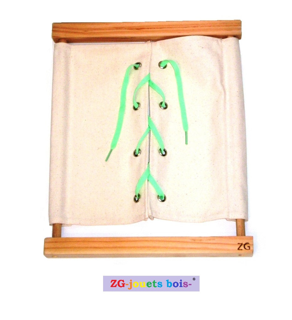 cadre habillage montessori oeillets et lacets verts tissu 100% coton blanc ZG