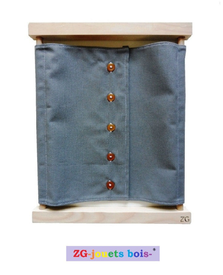cadre habillage montessori petits boutons oranges et tissu 100% coton gris ZG
