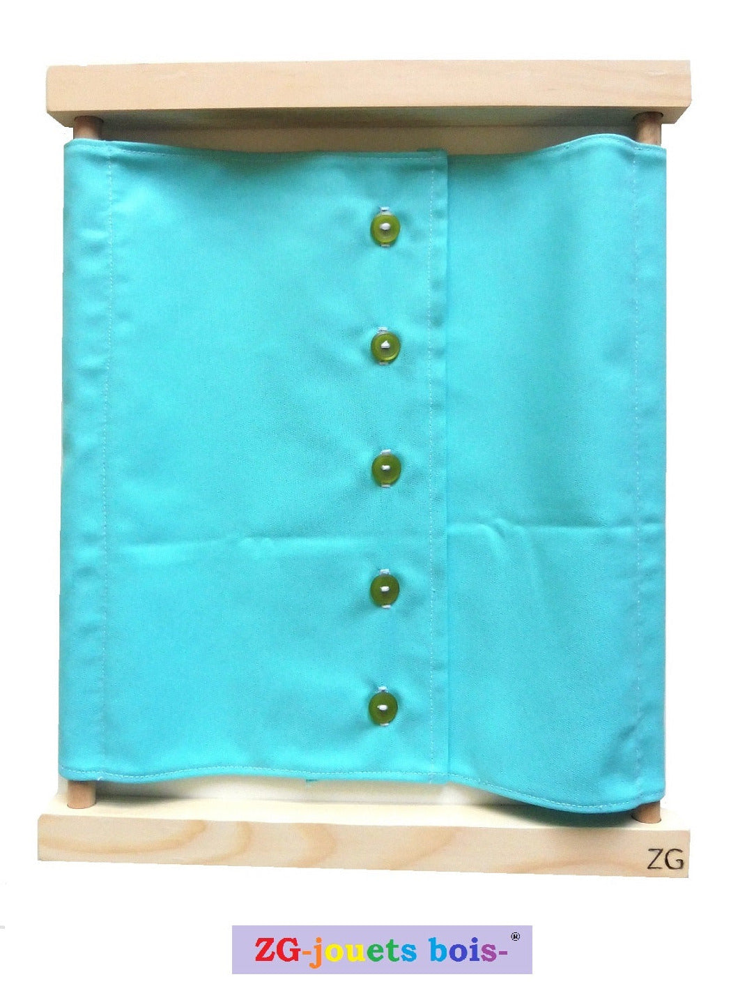 cadre habillage montessori petits boutons verts et tissu 100% coton bleu ZG