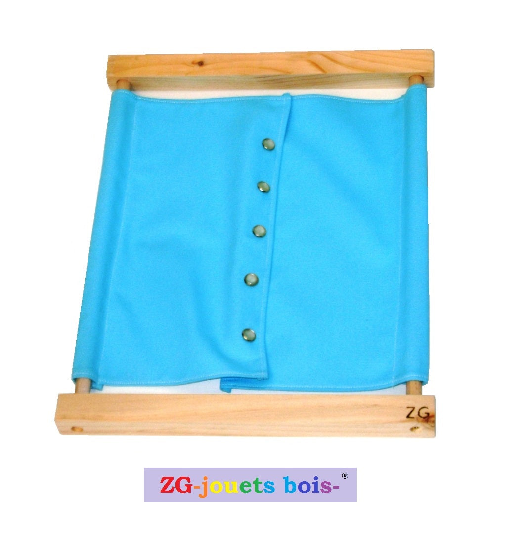 cadre habillage montessori pressions et tissu 100% coton turquoise ZG