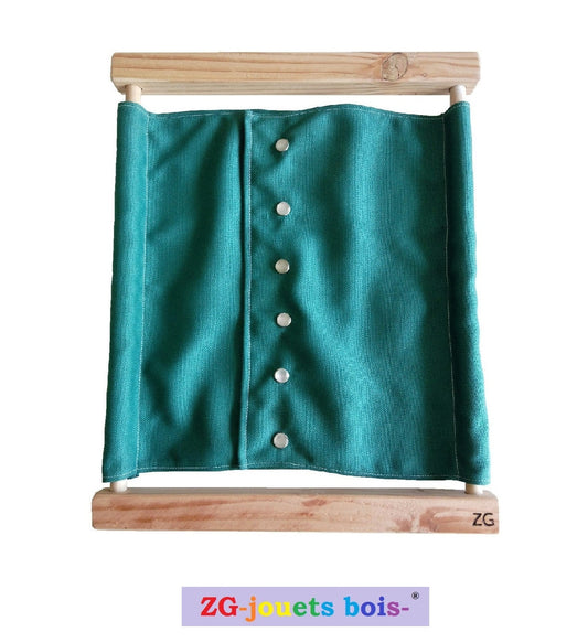 cadre habillage montessori pressions et tissu 100% coton vert ZG