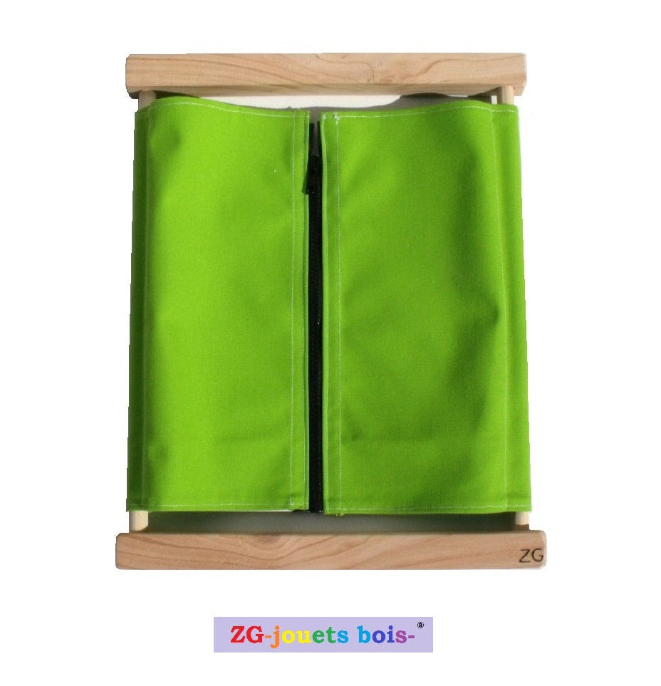 cadre habillage montessori zip separable fermeture eclair tissu 100% coton vert ZG