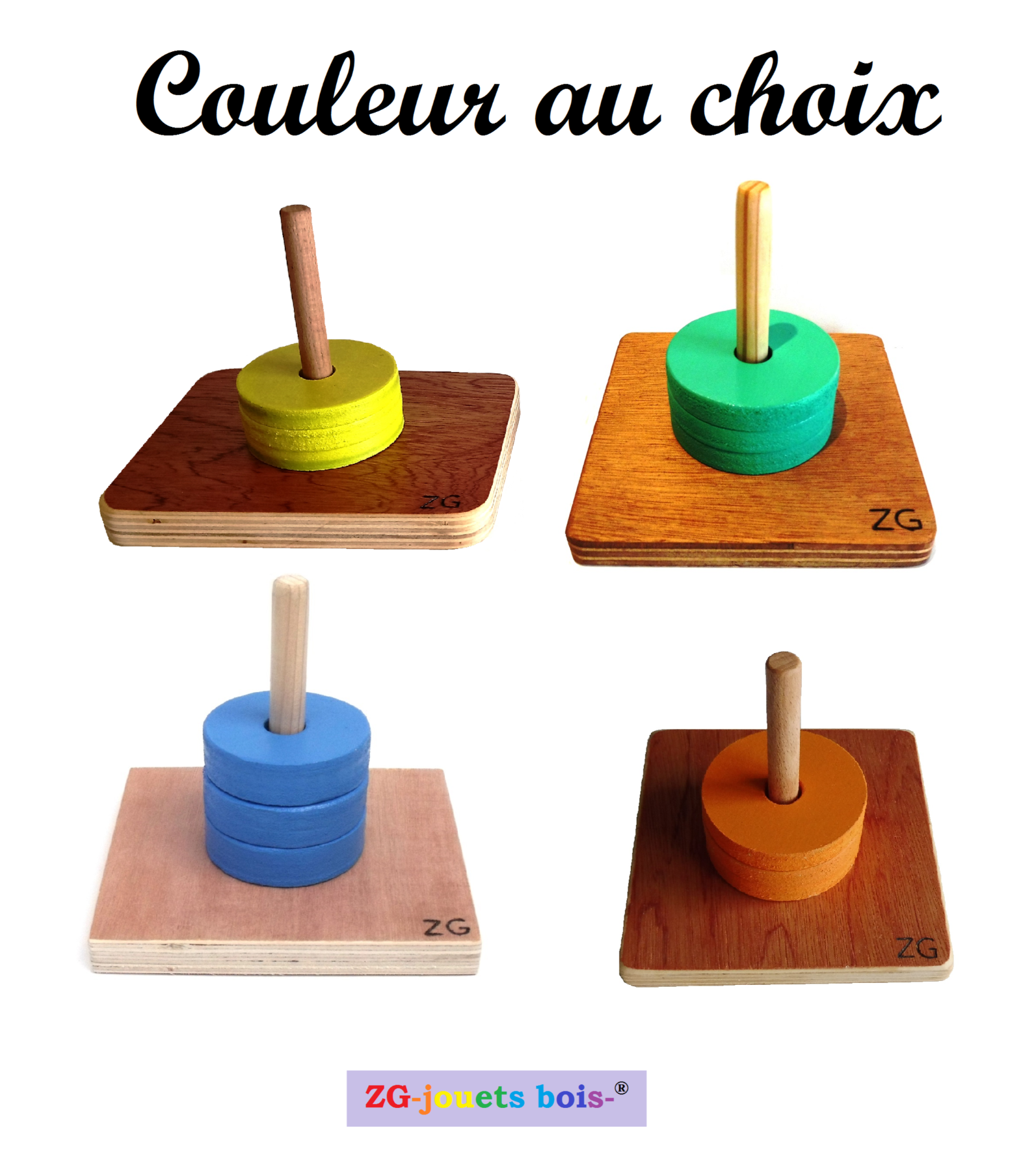 jeu premier âge, nido montessori, encastrement palets même diamètre sur tige verticale, couleur au choix, réalisation artisanale française par ZG-jouetsbois-