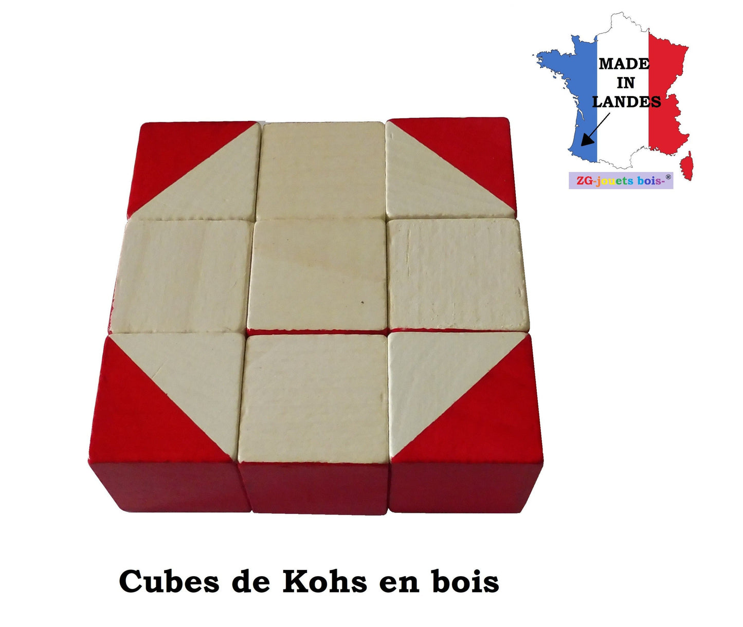 matériel en bois composé de 9 cubes bicolore pour test de kohs