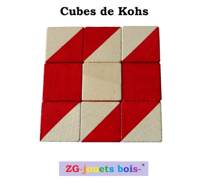 9 cubes en bois bicolore, test de kohs, landes, artisan, zg-jouetsbois-