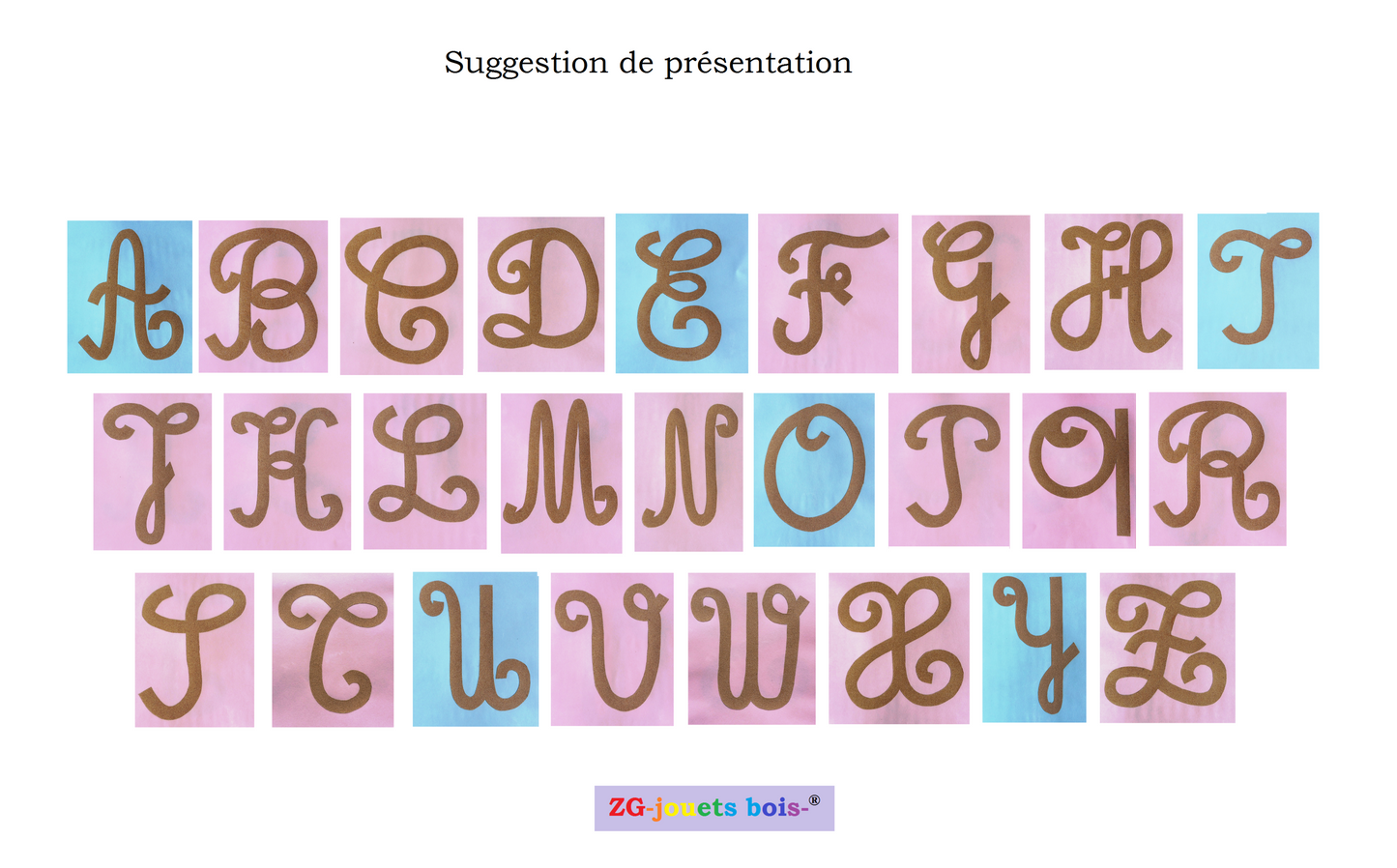 Tablettes pour fabrication lettres rugueuses montessori cursives majuscules voyelles bleues et consonnes roses fabrication zg-jouetsbois-