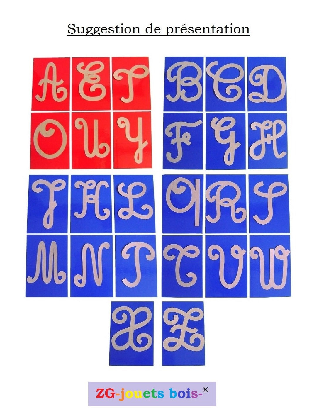 tablettes pour fabrication de lettres rugueuses montessori cursives majuscules voyelles rouges consonnes bleues réalisation ZG-jouetsbois-