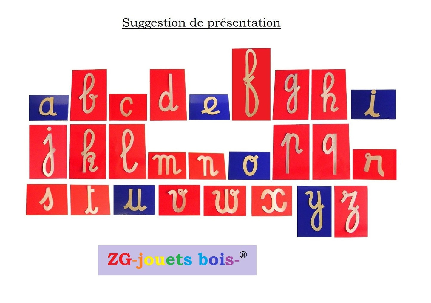 suggestion de présentation lettres rugueuses montessori cursives voyelles bleues consonnes rouges réalisation ZG-jouetsbois-