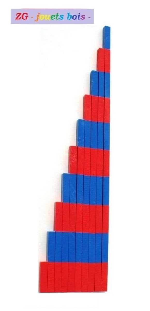 barres rouges et bleues, pedagogie montessori, 10cm à 1 mètre, fait main, france