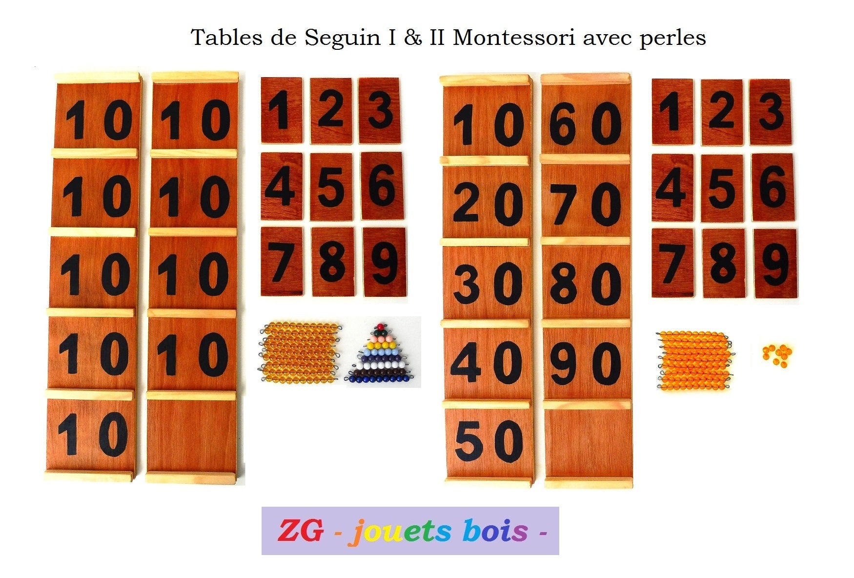 matériel montessori apprendre à compter, table seguin 1 et 2 avec perles, fait main