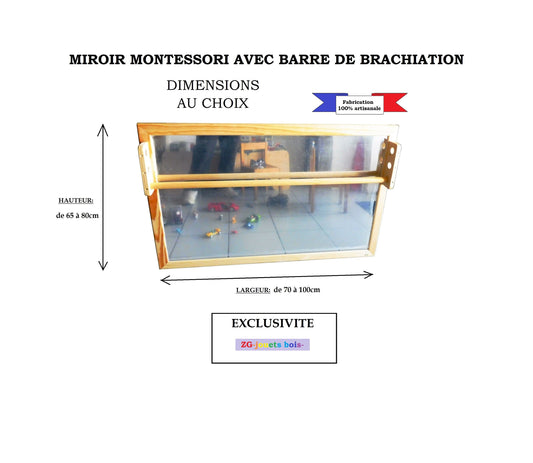 Unbreakable Montessori mirror, Horizontal format, made to measure, with adjustable brachiation bar