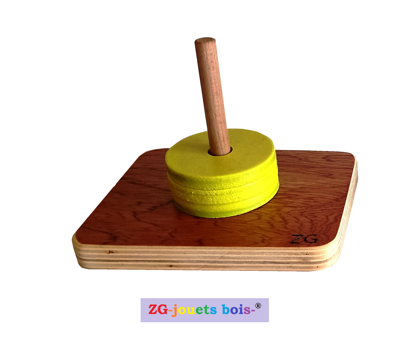 jeu premier âge, nido montessori, encastrement palets même diamètre sur tige verticale, jaune, réalisation artisanale française par ZG-jouetsbois-