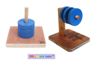 lot de 2 jeux premier âge, encastrement palets de même diamètre sur tige horizontale et verticale, pédagogie nido montessori, bleu, fabrication artisanale française ZG-jouetsbois-