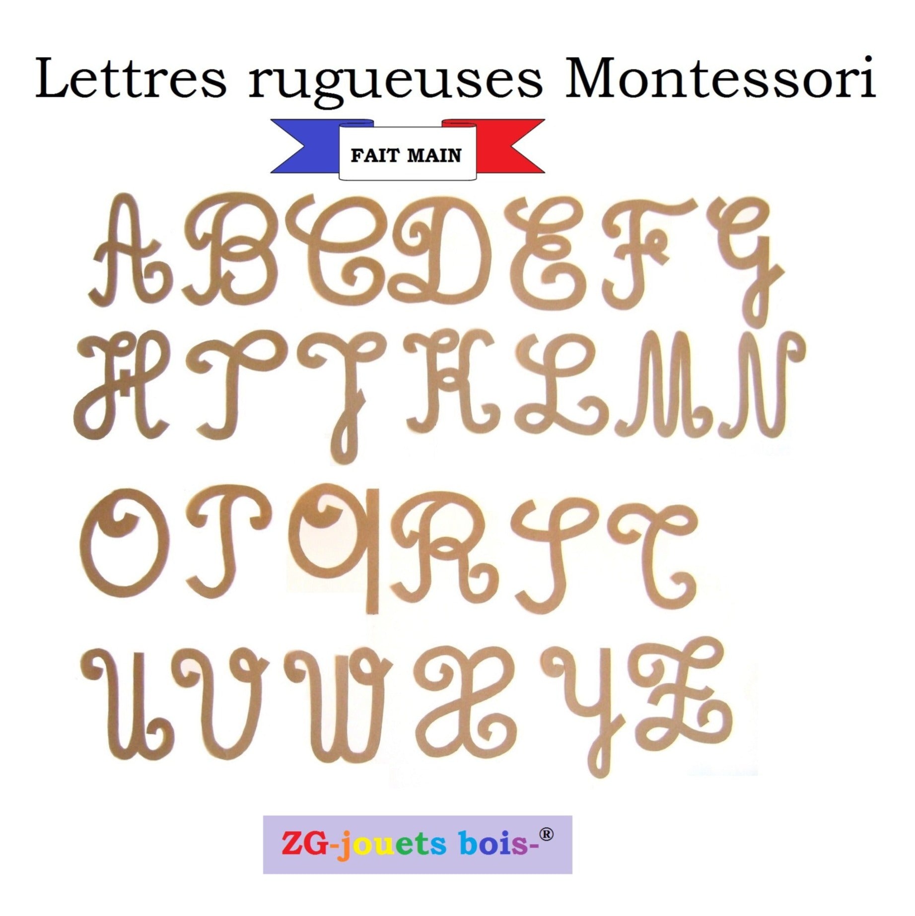 lettres rugueuses montessori cursives majuscules découpées à la main par ZG-jouetsbois-