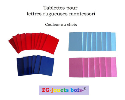 tablettes pour fabrication de lettres rugueuses montessori cursives majuscules, couleurs au choix, rouge et bleu ou rose et bleu, réalisation ZG-jouetsbois-