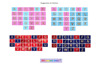 tablettes pour fabrication de lettres rugueuses montessori scripts majuscules ou minuscules, couleur au choix, rouge et bleu ou rose et bleu, réalisation ZG-jouetsbois-